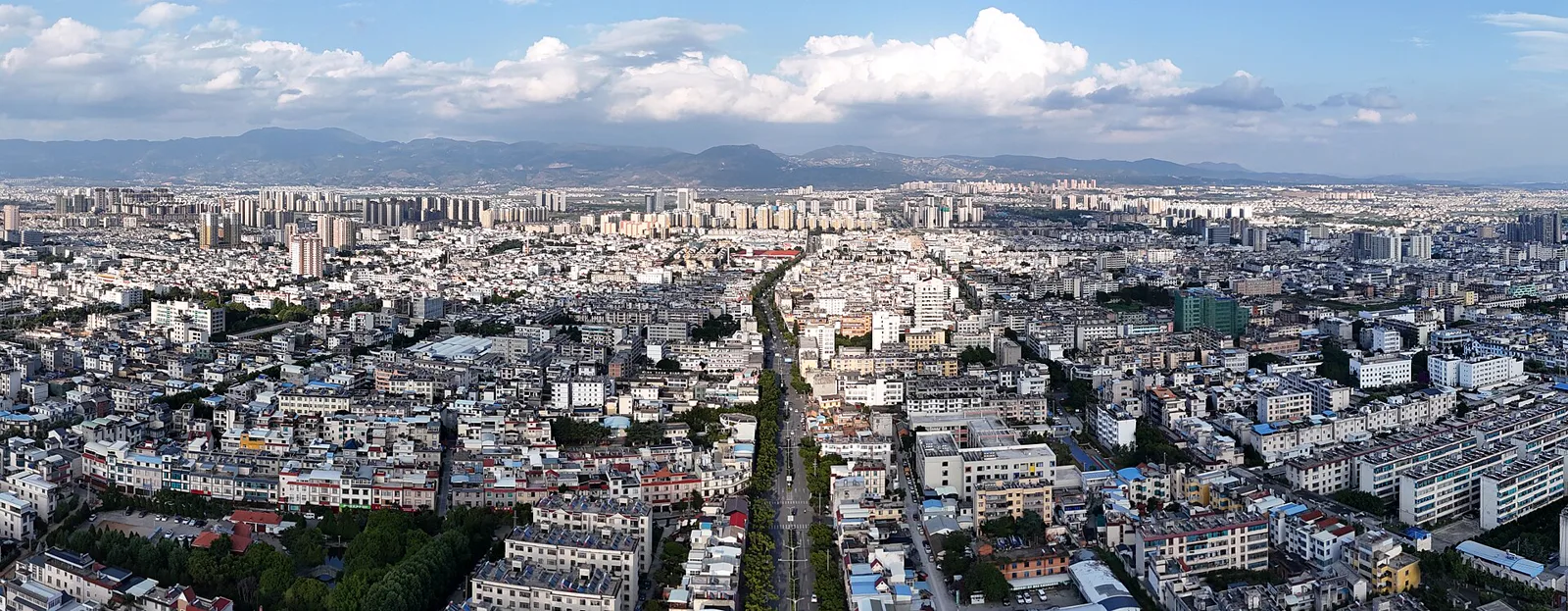 Baoshan city, from the air — the skyline over the highland bowl